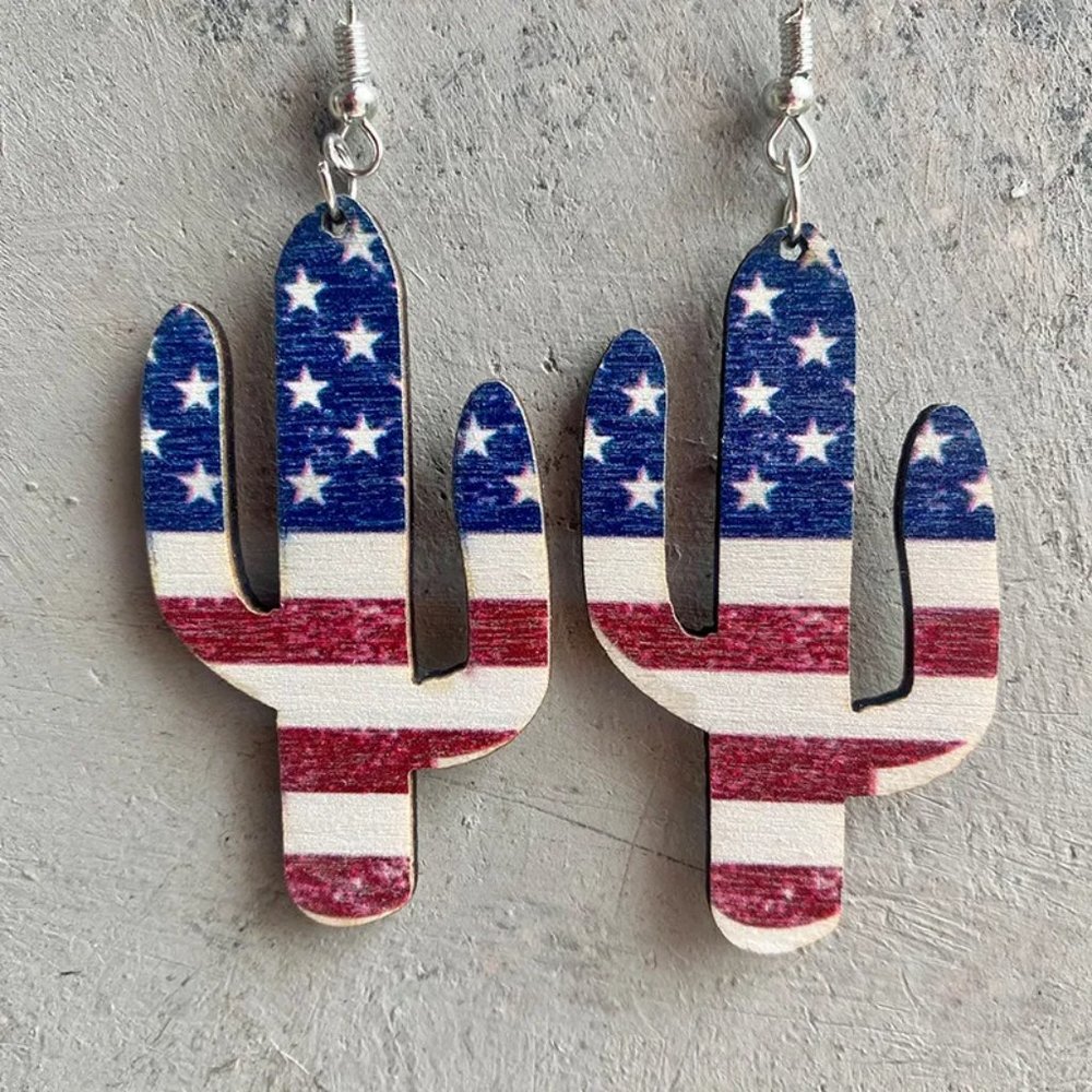 American Flag Cactus Drop Wood Earrings - 4th‎ of July, USA, American, Summer